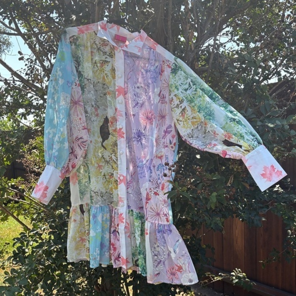 Gabriela Rich Floral Sheer Button-Up Dress